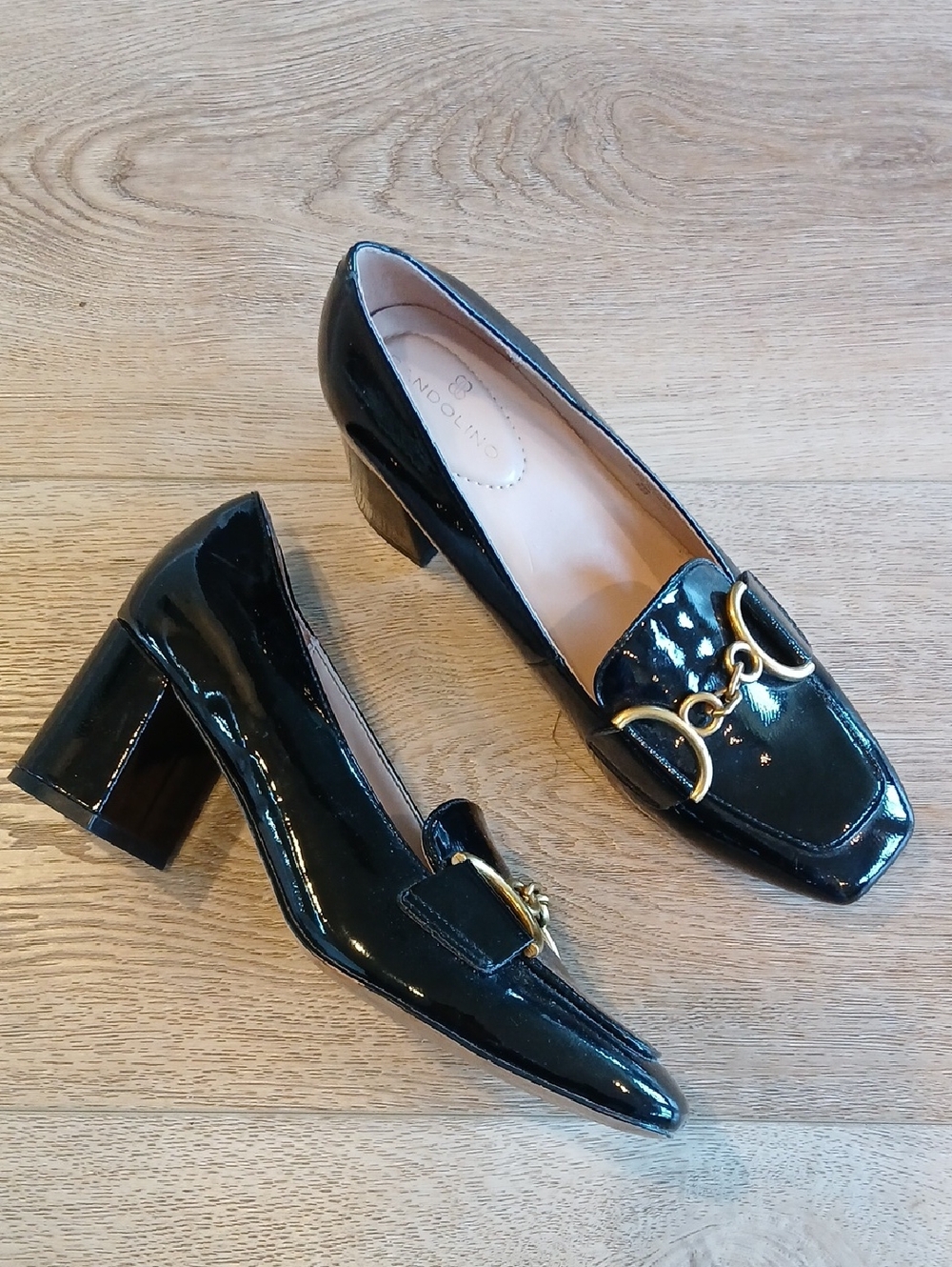 Bandolino Women Black Patent Block Heel Loafers with Gold Bit Hardware 7